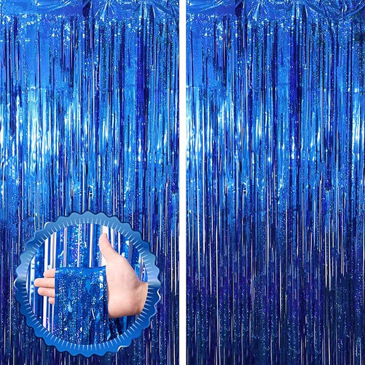 2 Pack Blue Tinsel Foil Fringe Curtains, Blue Party Decorations, Metallic Tinsel Party Streamers Backdrop for Birthday Baby Shower Graduation Wedding Anniversary Party Decorations