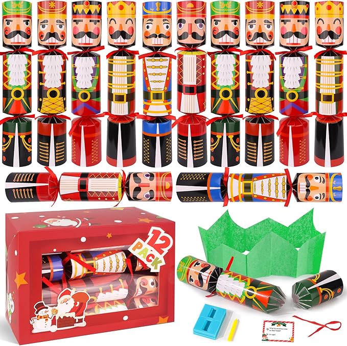 12 Pack Christmas Party Favor Non-Snap Christmas Table Favor with Party Hats Joke Little Gifts Inside for Kids Adults, Xmas Table Decorations Holiday Party Favor Xmas Dinner Traditions Supplies