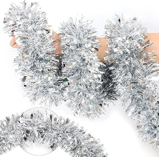 50FT Silver Christmas Tinsel Garland Metallic Twist Xmas Garland for Christmas Tree Decorations Holiday Hanging Garlands for Mantel Staircase Indoor Outdoor Home Office Class Party Holiday Decor