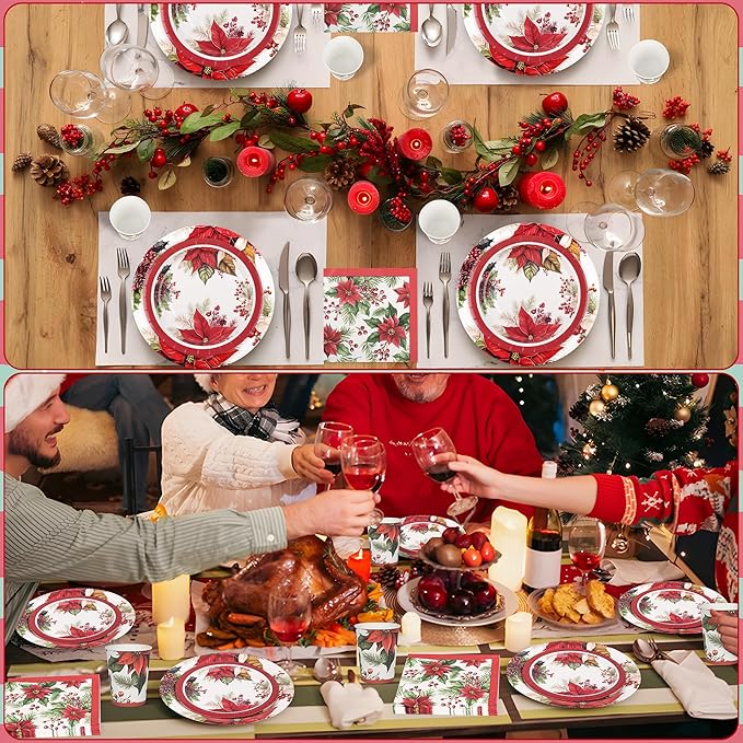 150Pcs Christmas Paper Plates and Napkins Set Christmas Poinsettia Flowers Design Disposable Holiday Plates Dinnerware for Xmas Holiday Winter Party,Serves 50