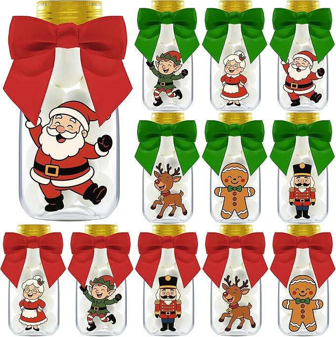 12 Pack Christmas Candy Jars with Ribbons and Stickers – Santa and Friends Party Favor Bottles for Kids – DIY Holiday Party Decorations, Classroom Gifts, and Stocking Stuffers