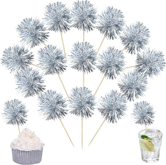 Ephlyn 30Pcs Foil Firework Cupcake Toppers Sparkle Tinsel Cupcake Picks Happy Birthday Cake Toppers Drink Stirrers Cocktail Food Fruit Toothpicks for Baby Shower Birthday Party Supplies Silver