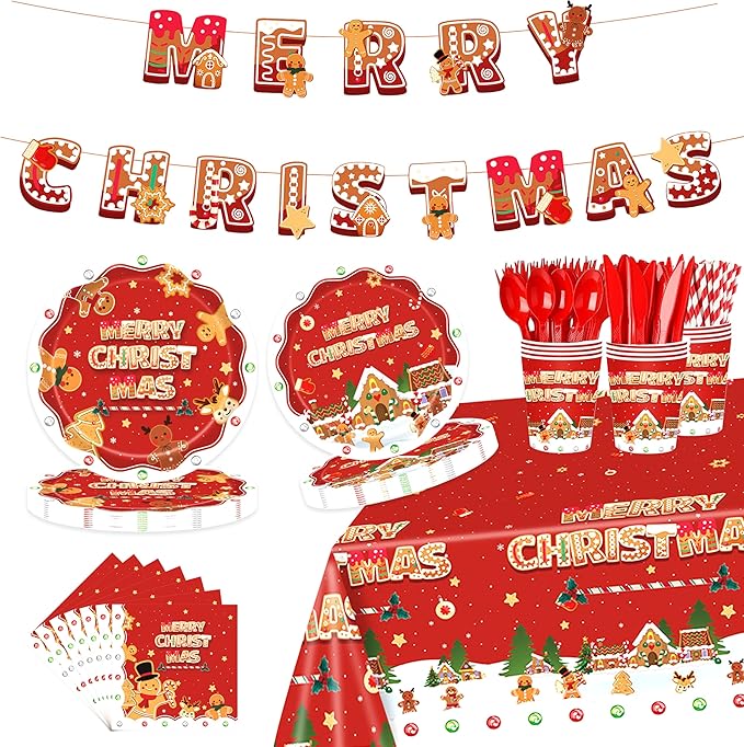 Christmas Party Supplies – 194 PCS Xmas Party Decorations for 24 Guests, Includes Plates, Cups, Napkins, Cutlery, Banner, Straws & Tablecloth, Festive Party Plates Set