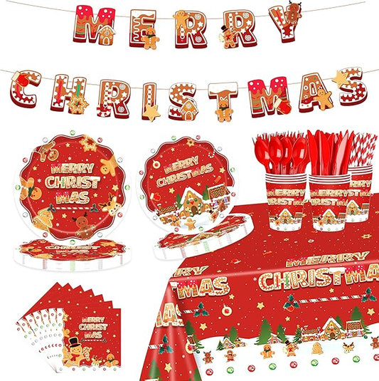 Christmas Party Supplies – 194 PCS Xmas Party Decorations for 24 Guests, Includes Plates, Cups, Napkins, Cutlery, Banner, Straws & Tablecloth, Festive Party Plates Set