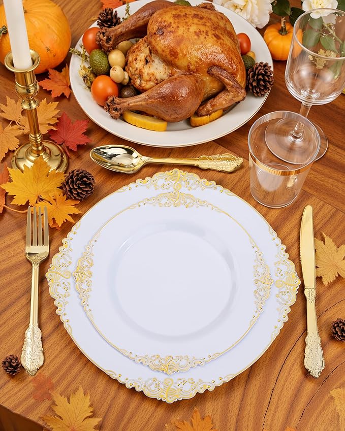 Nervure 175PCS White and Gold Plastic Plates - Disposable Dinnerware Set Include 50 Gold Plates for Dinner and Dessert, 75 Cutlery, 25Cups 25Napkins for Wedding & Party & Thanksgiving