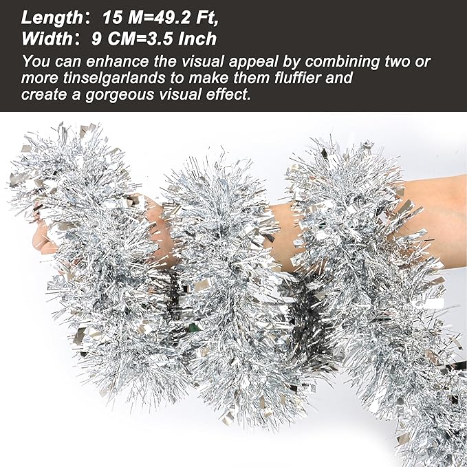 50 Feet Silver Christmas Tinsel Garland Metallic Twist Shiny Hanging Garland for Christmas Tree Decorations Xmas Holiday Decor for Home Indoor Outdoor Party Supplies (Silver)