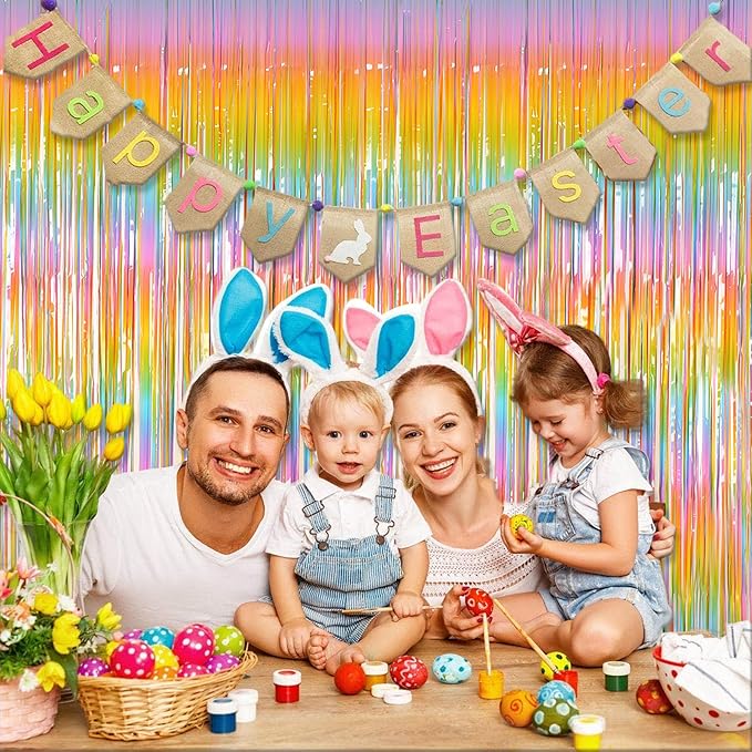 Melsan 2 Pack 3.2 ft x 8.2 ft Pastel Tinsel Foil Fringe Curtains Backdrop, Metallic Rainbow Foil Curtains for Easter Party Decorations Party Photo Booth Props Decoration (Rainbow)