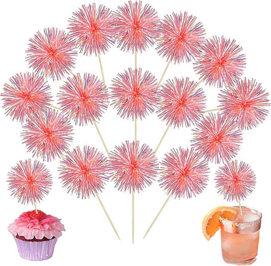Ephlyn 30Pcs Foil Firework Cupcake Toppers Sparkle Tinsel Cupcake Picks Happy Birthday Cake Decorations Drink Stirrers Cocktail Food Fruit Toothpicks for Baby Shower Graduation Party Supplies Orange