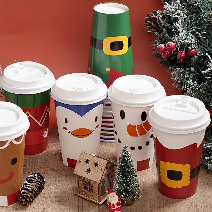 JOYIN 24 PCS Merry Christmas Disposable Paper Cups with Sleeves and Lids, 6 Designs Xmas Drinkware 16 oz, Snowflake Santa Elk Cups for Hot Coffee Cold Beverage Holiday Tableware Supplies Favors