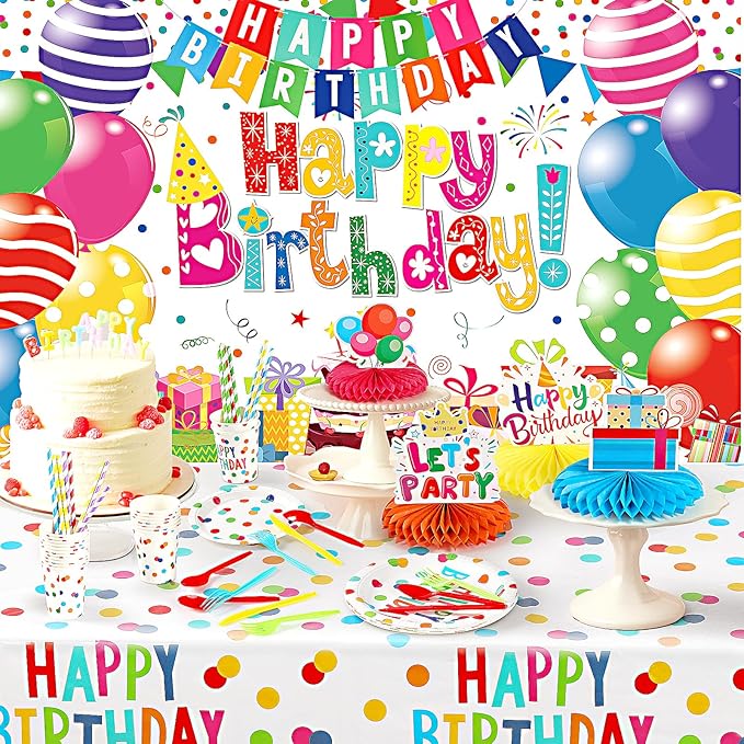 Happy Birthday Decorations- 170pcs Birthday Party Supplies Kit with Colorful Honeycomb Centerpieces for Tables, Banner, Backdrop Cloth, Disposable Tableware Kit for Boys Girls, Serves 20