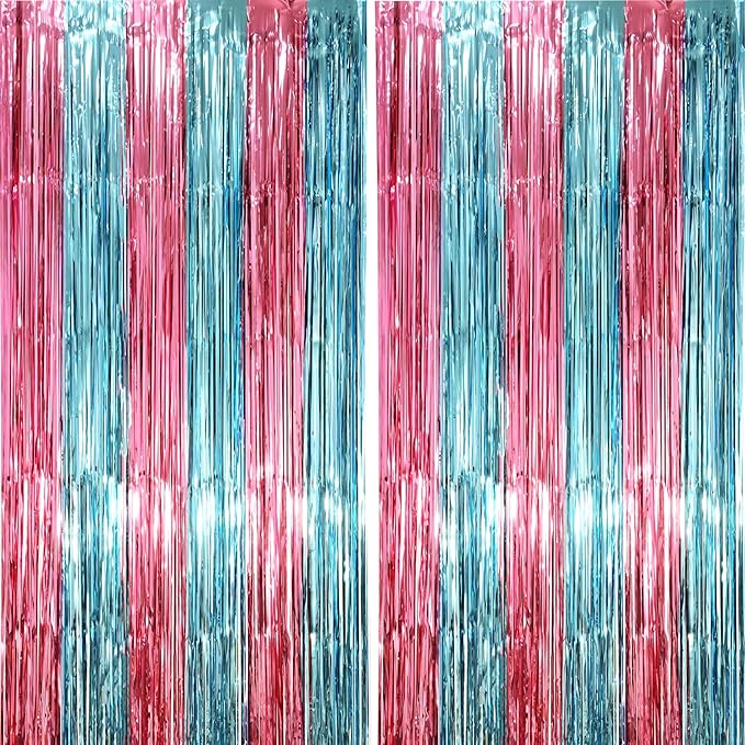 2 Pack Blue and Pink Foil Fringe Backdrop Curtains, Tinsel Streamers Mermaid Party Decorations, Fringe Backdrop for Mermaid Birthday, Baby Shower, Gender Reveal, Disco, Graduation Party