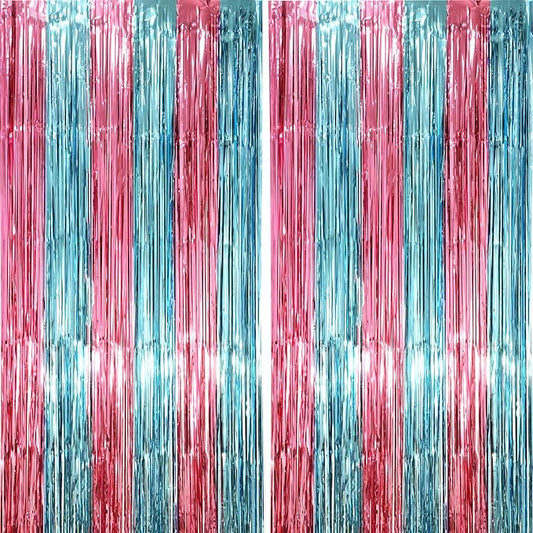 2 Pack Blue and Pink Foil Fringe Backdrop Curtains, Tinsel Streamers Mermaid Party Decorations, Fringe Backdrop for Mermaid Birthday, Baby Shower, Gender Reveal, Disco, Graduation Party