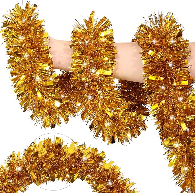50FT Gold Christmas Tinsel Garland Metallic Twist Xmas Garland for Christmas Tree Decorations Holiday Hanging Garlands for Mantel Staircase Indoor Outdoor Home Office Class Party Holiday Decor