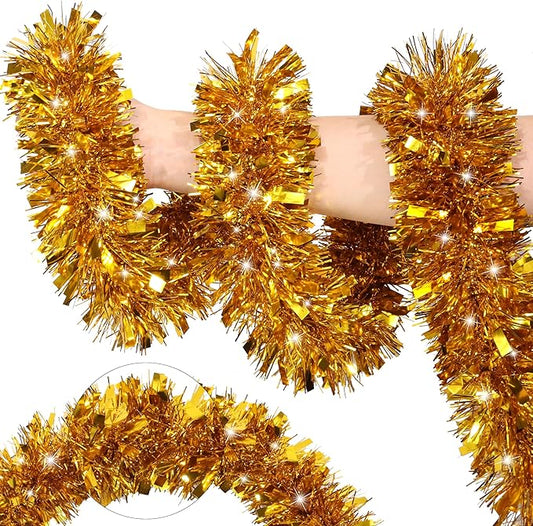 50FT Gold Christmas Tinsel Garland Metallic Twist Xmas Garland for Christmas Tree Decorations Holiday Hanging Garlands for Mantel Staircase Indoor Outdoor Home Office Class Party Holiday Decor