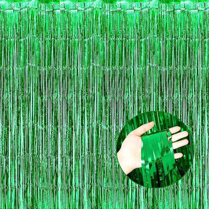 4 Pack Green Foil Fringe Curtain Backdrop, 3.28Ft x 8.2Ft Metallic Tinsel Foil Fringe Streamer Curtains for Photo Booth Props Decor Party Supplies
