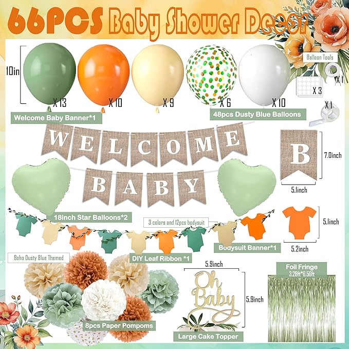 Orange Green Baby Shower Decorations-Welcome Banner Sage Green Sand White Confetti Balloon 'Oh-Baby' Cake Topper Fringe Curtains Paper Pom Poms for Boho Neutral Little Cutie Baby Shower Fall Party