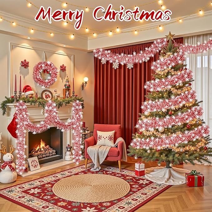 50Ft Christmas Tinsel Garland, Red and Snowflake Tinsel Garland Metallic Twist Shiny Garland for Xmas Tree Decorations, Tinsel for New Year Party Ceiling Hanging Decorations Indoor and Outdoor Decor