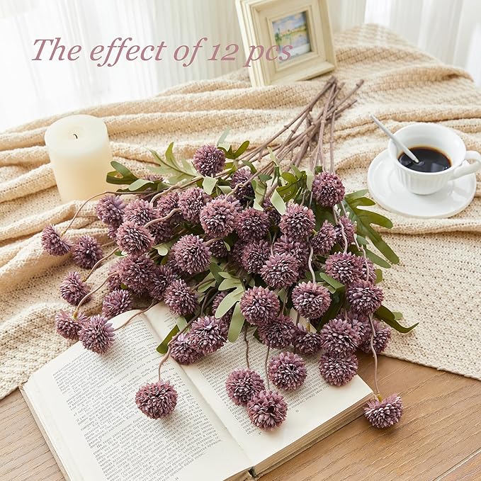SITUMEIZI Purple Pompon Mum Artificial Flowers Faux Silk Mums Mini Chrysanthemum with Stems 6Pcs for DIY Purple Wedding Centerpieces Floral Arrangements