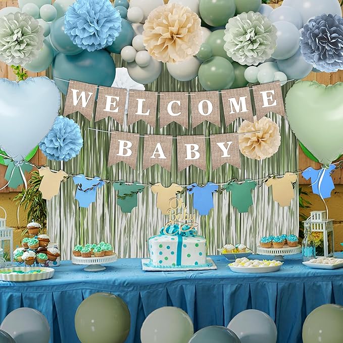 Blue Sage Green Baby Shower Decorations-Welcome Baby Boy Banner, Fringe Curtains, Paper Pompoms, Olive Green Dusty-blue Beige Cream Latex Balloon Décor For Boho Easter Jungle Baby Shower Blue Party