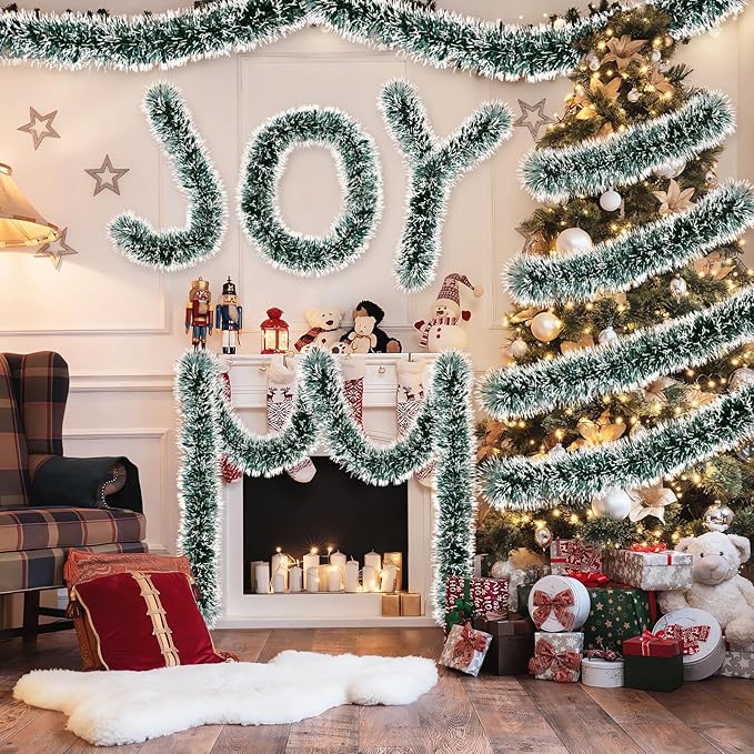 50Ft Christmas Tinsel Garland Dark Green Xmas Tree Decorations Metallic Glitter Twist Garland for Christmas Tree Decorations New Year Party Birthday Holiday Supplies Indoor Outdoor Supplies