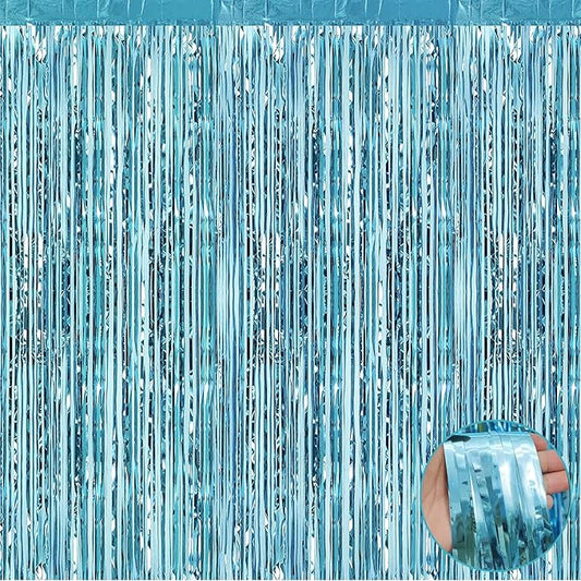 4 Pack Light Blue Foil Fringe Curtain Backdrop, 3.28Ft x 8.2Ft Metallic Tinsel Foil Fringe Streamer Curtains for Photo Booth Props, Birthday, Wedding, Christmas Decoration Party Supplies New