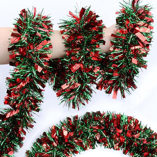 50 Ft Red & Green Christmas Tinsel Garland Metallic Twist Shiny Hanging Garland for Christmas Tree Decorations Xmas Holiday Decor for Home Indoor Outdoor Party Supplies (Red & Green)