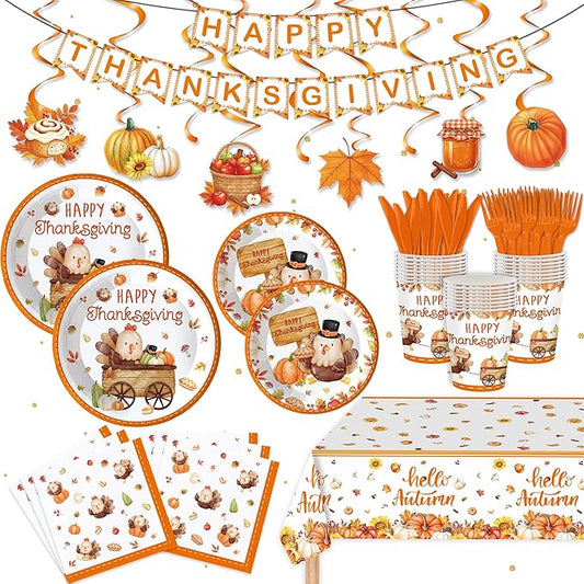 123PCS Turkey Party Supplies for Thanksgiving Themed Fall Pumpkin Decoration Tableware Set for Kids Party with Tablecloth and Banner Leaves Harvest Dessert Plates Napkins Cups Hanging Swirl Set