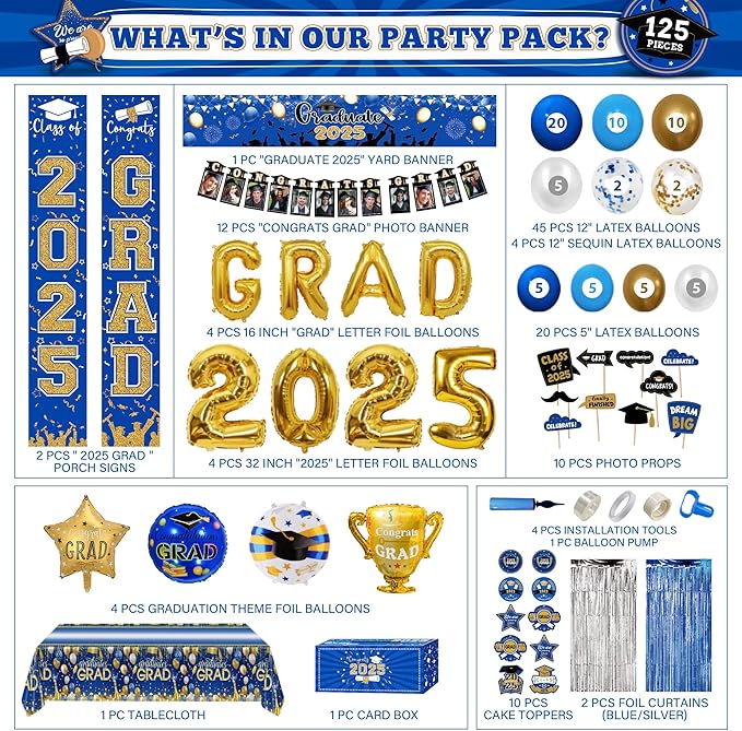 125 PCS Blue and Gold Graduation Party Decorations, 2025 Graduation Decorations, Class of 2025 Full Decor Set, Comgrats Grad Photo Banners, Tablecloth, Balloons, Cake Toppers