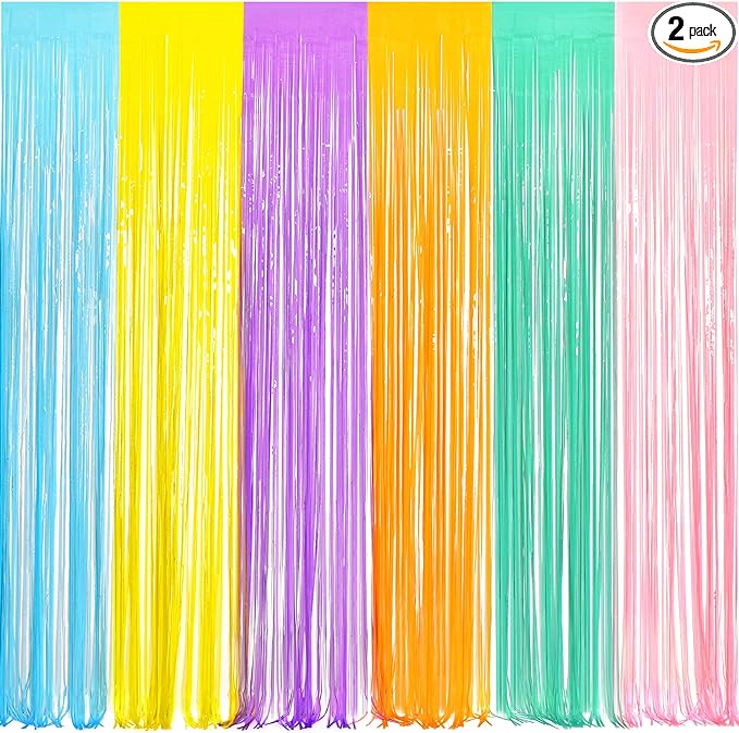 BRAVESHINE Tinsel Foil Fringe Curtains - 2Pcs 3.2x8.2ft Pastel Colourful Photo Backdrop for Christmas New Years Princess Birthdays Easter Bunny Bridal Shower Fairy Kids Candy Donuts Party Decorations