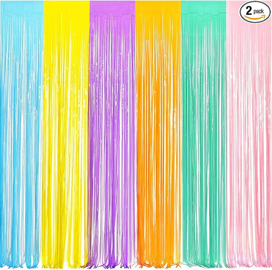 BRAVESHINE Tinsel Foil Fringe Curtains - 2Pcs 3.2x8.2ft Pastel Colourful Photo Backdrop for Christmas New Years Princess Birthdays Easter Bunny Bridal Shower Fairy Kids Candy Donuts Party Decorations