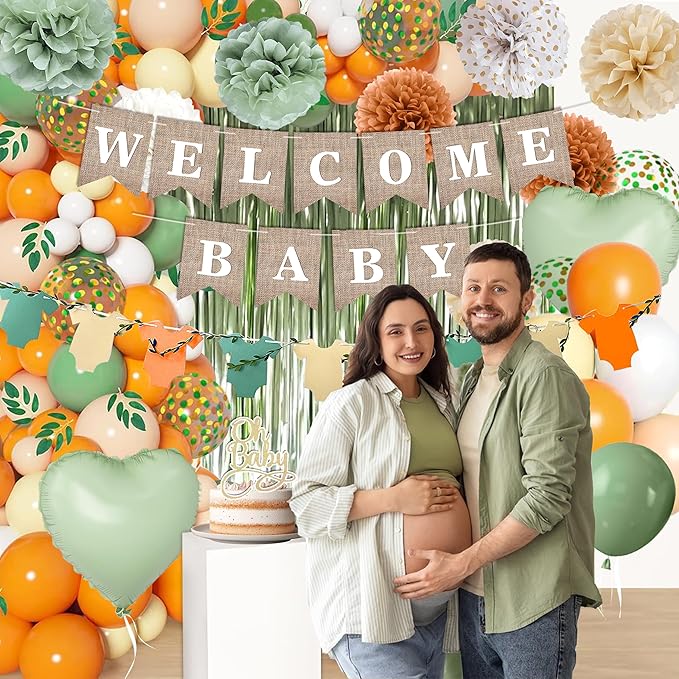 Orange Green Baby Shower Decorations-Welcome Banner Sage Green Sand White Confetti Balloon 'Oh-Baby' Cake Topper Fringe Curtains Paper Pom Poms for Boho Neutral Little Cutie Baby Shower Fall Party