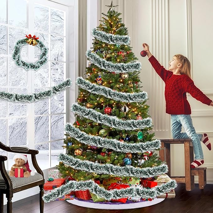 50FT Green White Christmas Tinsel Garland, Metallic Twist Xmas Garland for Christmas Tree Decorations, Holiday Hanging Garlands for Mantel Staircase Fireplace Indoor Outdoor Home Party Decor