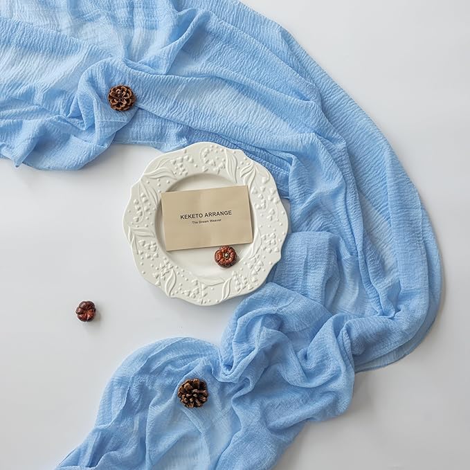 3pcs Light Blue Gauze Rustic Cheesecloth Table Runner 120 Inch 10 FT for Wedding Baby Shower Bridal Shower Birthday Engagement Garden Outdoor Party Long Sheer Boho Decorations