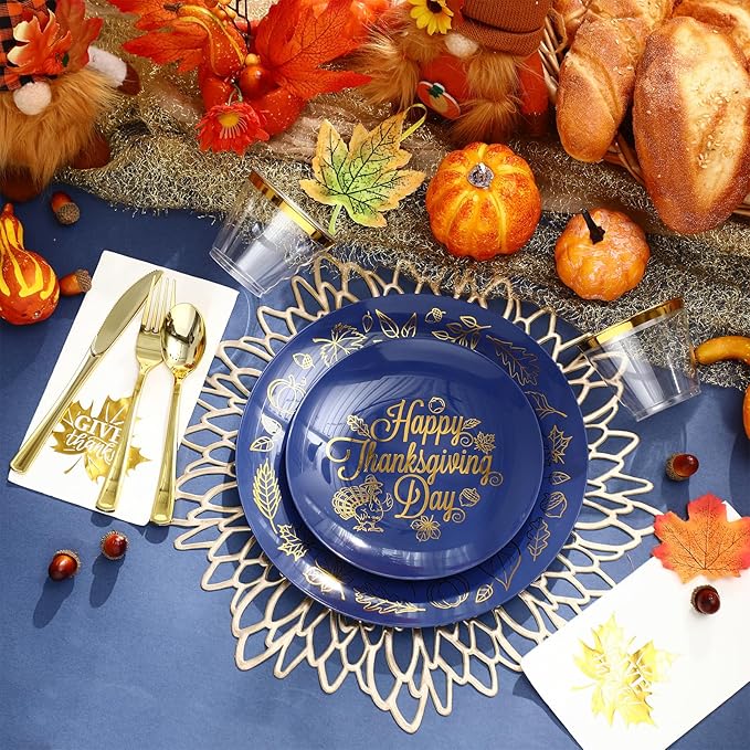 Shellwei 210 Pcs Thanksgiving Dinnerware Sets, Navy Blue Disposable Plates Includes Dinner Plates Cups Dessert Plate Paper Napkins Forks Knives Spoons Supplies for Thanksgiving Day