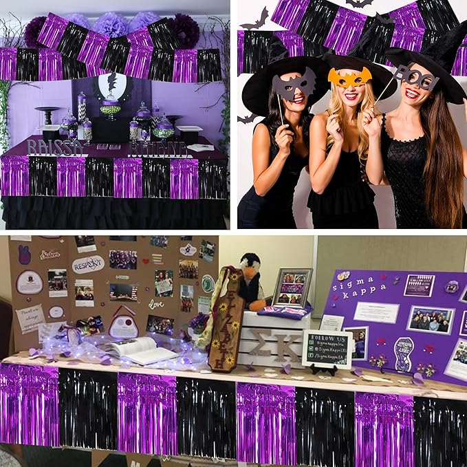 BEISHIDA 3 Packs Metallic Foil Fringe Garland Black Purple Wall Hanging Tinsel Fringe Banners for Halloween Car Floats Bridal Shower Wedding Birthday Easter Graduation Holiday Party Decoration (30 Ft)