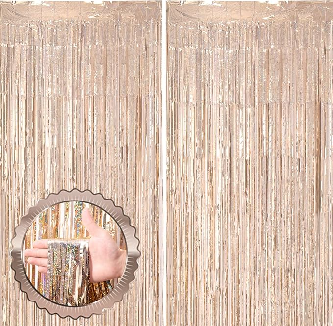2 Pack Champagne Gold Tinsel Foil Fringe Curtains, Champagne Party Decorations, Metallic Tinsel Party Streamers Backdrop for Birthday Baby Shower Graduation Wedding Party Decorations