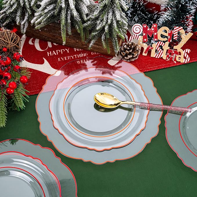 Liacere 150PCS Clear and Red Plastic Plates-Clear Red Disposable Plates with Glitter Bamboo Handle Cutlery-60 Baroque Elegant Plates,30 Forks,30 Spoons,30 Knives for Wedding&Christmas