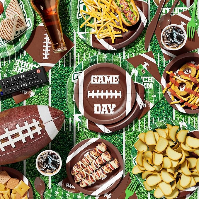 Ecomore 173PCS Football Party Decoration (Serve 24), Easter Decoration Football Birthday Party Supplies with Disposable Paper Plate Napkin Cup Cutlery Banners Touchdown Tablecloth Tailgate Party Decor