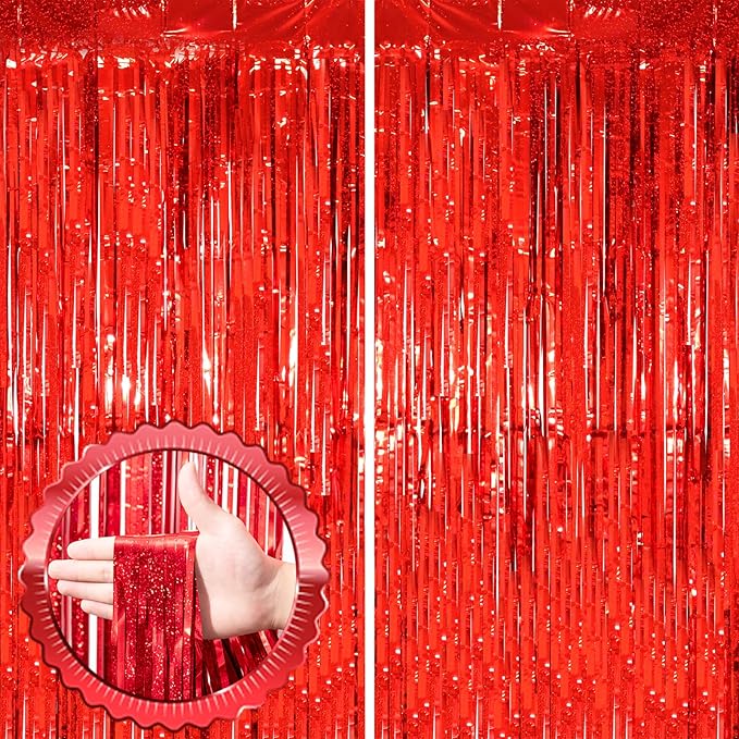 2 Pack Red Tinsel Foil Fringe Curtains, Red Party Decorations, Metallic Tinsel Party Streamers Backdrop for Birthday Casino Christmas Graduation Carnival Valentine's Party Decorations