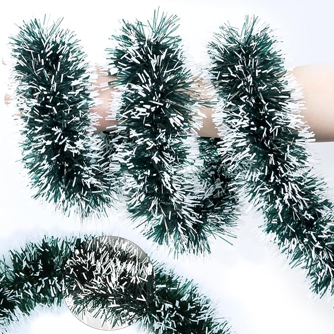 50FT Green White Christmas Tinsel Garland, Metallic Twist Xmas Garland for Christmas Tree Decorations, Holiday Hanging Garlands for Mantel Staircase Fireplace Indoor Outdoor Home Party Decor
