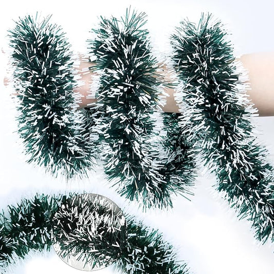 50FT Green White Christmas Tinsel Garland, Metallic Twist Xmas Garland for Christmas Tree Decorations, Holiday Hanging Garlands for Mantel Staircase Fireplace Indoor Outdoor Home Party Decor