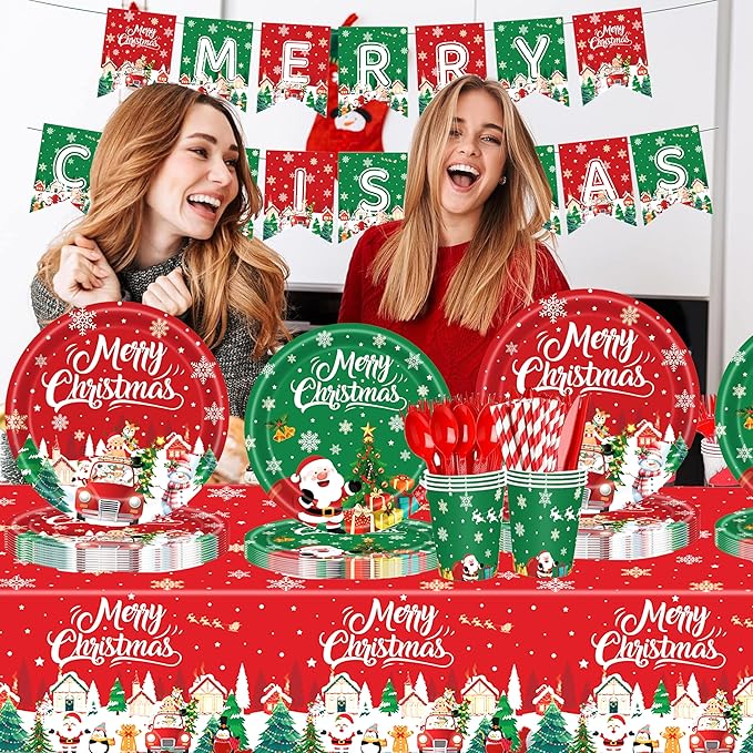 194PCS Christmas Party Supplies | Indoor Xmas Disposable Plates Napkins Cutlery Straws Banner Tablecloth Complete Christmas Party Decorations Set For Home Dinner Picnic Holiday Thanksgiving Serve 24