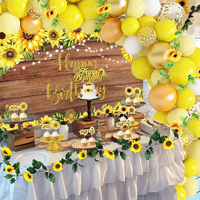 Sunflower Birthday Party Decoration Pack (including Backdrop, Tablecloth, Artificial Sunflowers and A Garland, Cake Topper, Balloon Garland Arch, Foil Balloon, Yellow Tissue Paper Flowers and Fans)…
