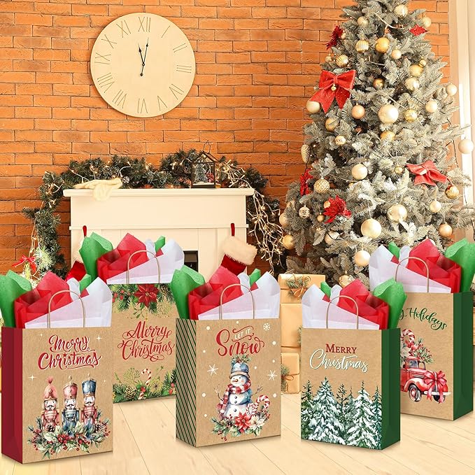 48 Large Christmas Gift Bags with 24 Tissue Paper, 5.1x10x12.6 Inch Bulk Holiday Kraft Paper Bags for Gifts with Handles, 8 Styles Xmas Gift Bags for Wrapping Christmas Holiday Presents Party Favors