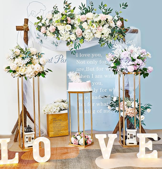 10 Pcs Tall Wedding Elegant Metal Flower Centerpieces, 23.6" Gold Flower Stand Vase Display Column for Wedding Event Reception Table, Wedding Geometric Vases for Party Table, Home Décor