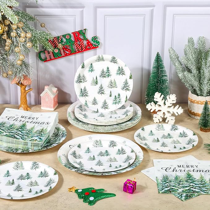 150Pcs Christmas Paper Plates and Napkins Set, Xmas Disposable Party Dinnerware with Merry Green Tree Design, Holiday Tableware Winter Supplies,Serves 50
