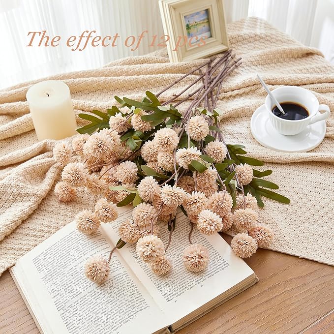 SITUMEIZI Beige Mum Artificial Flowers Beige Faux Silk Mums Mini Chrysanthemum Flowers with Floral Stems 6Pcs for Wedding Centerpieces Decor