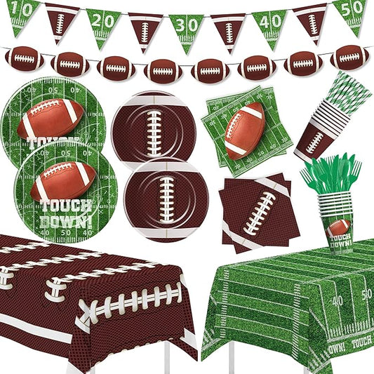 Football Party Decorations And Supplies, Football Decorations Tableware, Paper Plate, Napkin, Cup, Cutlery, Tablecloth, Banner, Football Birthday Table Decorations, Serves 24