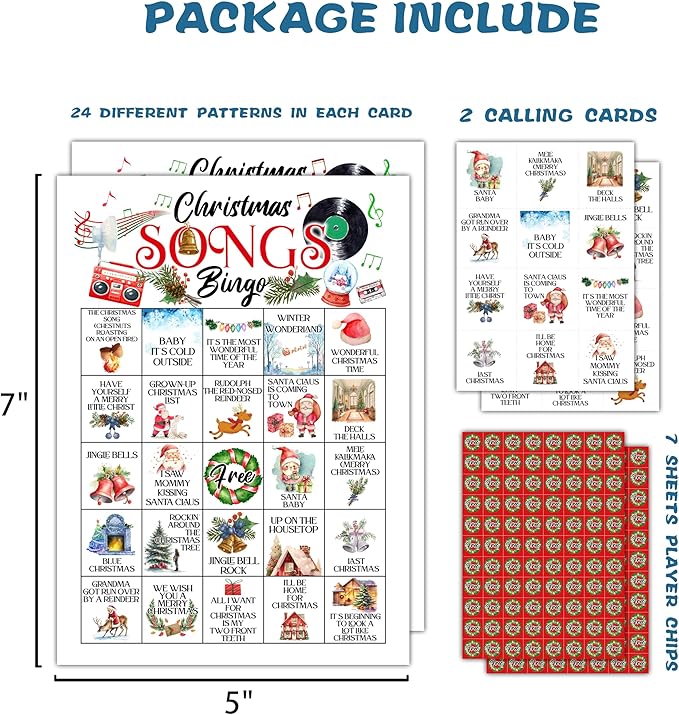 Christmas Song Bingo, Christmas Bingo, Holiday Bingo Game for Adults Families Large Group, Christmas Party Favors, Christmas Musical Party Games, 24 Players Bingo Cards, D05