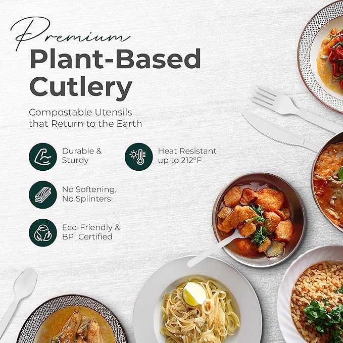 100% Compostable cutlery knives forks spoons 150 Large Disposable Biodegradable Compostable Utensils Durable HeavyDuty Silverware heat resistant alternative to plastic with convenient tray 150pc 7inch